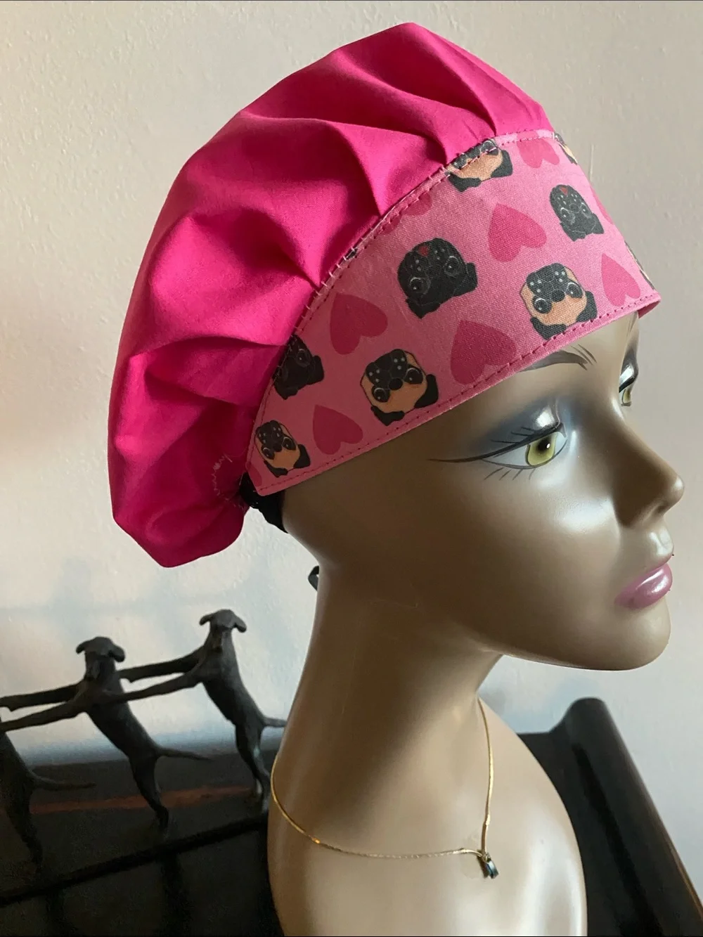 Pink Pug  bouffant medical scrub hat with adjustable toggle